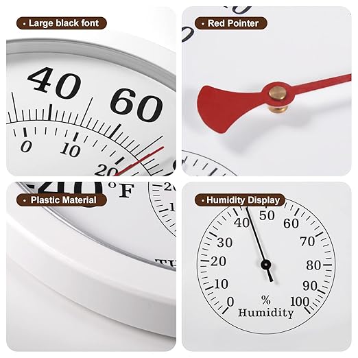 10.5 Inch Indoor Outdoor Thermometer Large Numbers - Weather Thermometer Hygrometer Waterproof, No Battery Needed Outdoor Thermometers for Patio, Home, Garden Decoration (White)