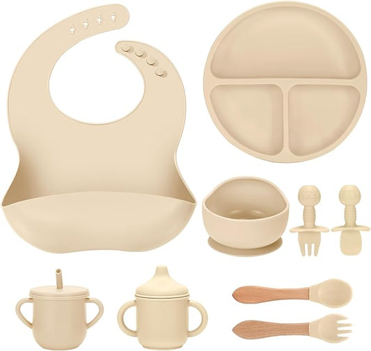 Silicone Baby Feeding Set 9 Pcs, Spill-Proof Suction Plate, Bowl, Bib, Silicone spoon&forks, Wooden Spoons&forks, Training cup with straw and Sippy Cup, Baby Eating Utensils (Beige)
