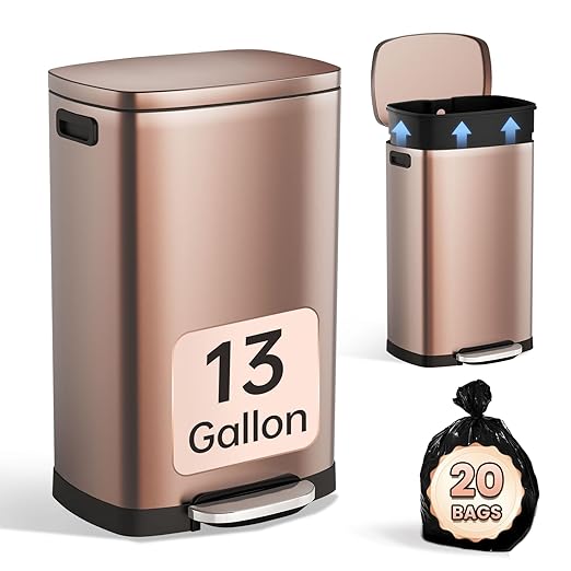 ELPHECO Kitchen Trash Can with Lid Soft Close, 13 Gallon / 50L Stainless Steel Pedal Garbage Can, Heavy-Duty Step Wastebasket with 20 Bags, Removable Bucket, Home Office, Champagne