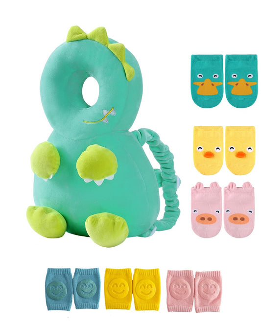 JunNeng Toddler Baby Head Protector Backpack for Toddler Walker with Knee Pads&Anti-Slip Socks, Dinosaur Green