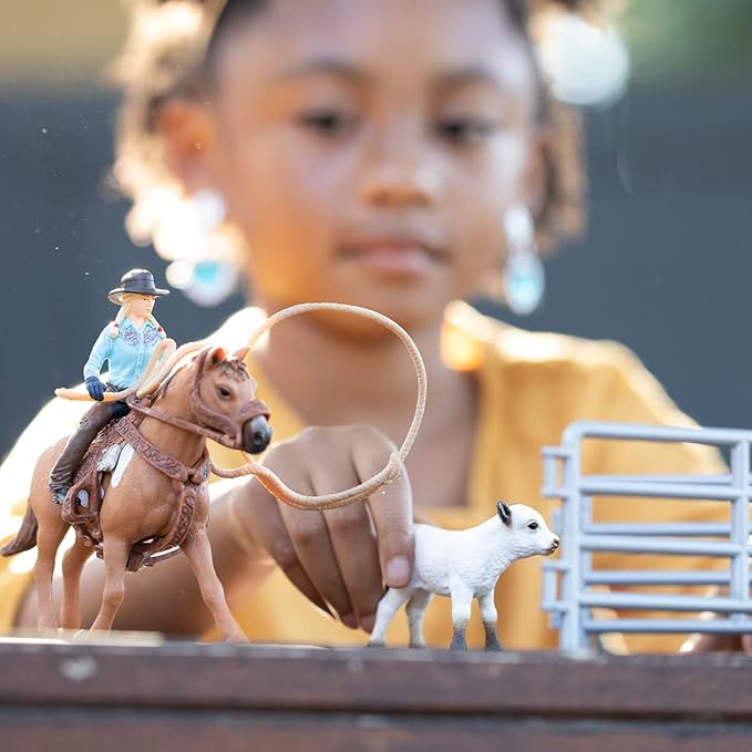 Schleich Farm World Rodeo Roping Playset - Cowgirl Rodeo Rider Figurine with Cow, Pen, and Rope, Realistic Western Rodeo Farm Toys and Accessories, 9-Piece Kids Toy for Boys and Girls