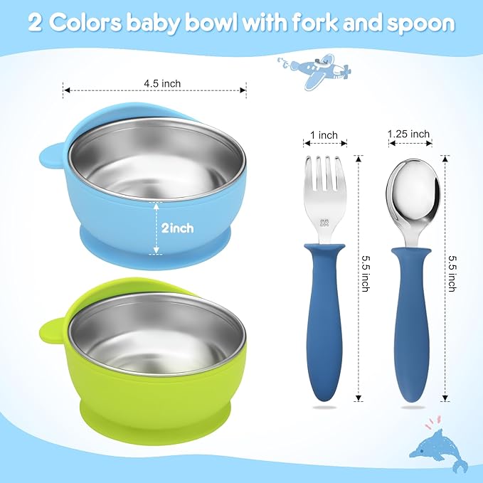 2 Pack Stainless Steel Baby Bowls with Removable Non-Slip Silicone Suction Shell, Anti Scald Food Container for Baby Food Feeding, Forks + Spoons Included -Blue & Green