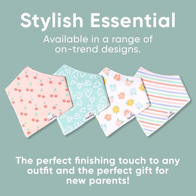 Copper Pearl 4 Pack Soft Cotton Baby Bibs for Drooling and Teething, Absorbent Drool Bibs for Baby Girl and Boy, Adjustable to Fit Newborns to Toddlers, Tons of Styles (Cheery)