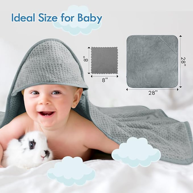 Orighty Baby Hooded Towel with Five Washcloths, 28 x 28 Inch Super Soft Bath Towel with Hood for Babies, Infant, Newborn Essential - Ideal Baby Stuff Registry for Boys and Girls (Grey)
