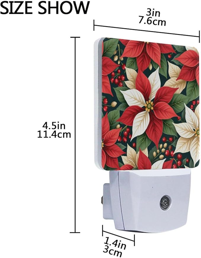 Aslsiy Night Light for Kids Red White Poinsettias Holly Leaves (5) Plug in Wall Lamp LED Dusk to Dawn Sensor Energy Saving Nightlight for Boys Girls Men Women