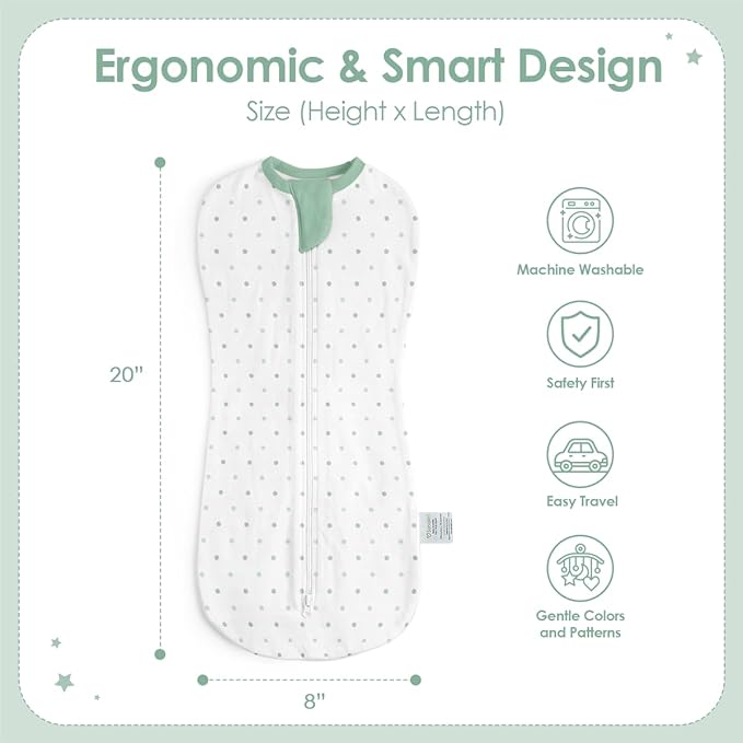 Baby Swaddle 0-2 Months, Cotton Arm-In Zipper Sleep Sack, Wearable Blankets Wrap for Newborn Infant Girls, Boys (Green Leaves, Polka Dots, Pack of 2)