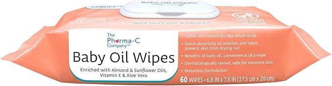 The Pharma-C Company Baby Oil Wipes. (60 Wipes) Enriched with Almond and Sunflower Oils, Aloe and Vitamin E.