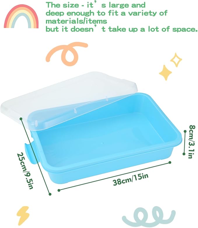 Sensory Bin Sand Tray with Lid for Toddlers 2 Pcs 15in Portable Sandbox Toy Large Plastic Tray for Kids 3 4 5 6 Fill with Sand, Water, Beads, and More (2 Blue)