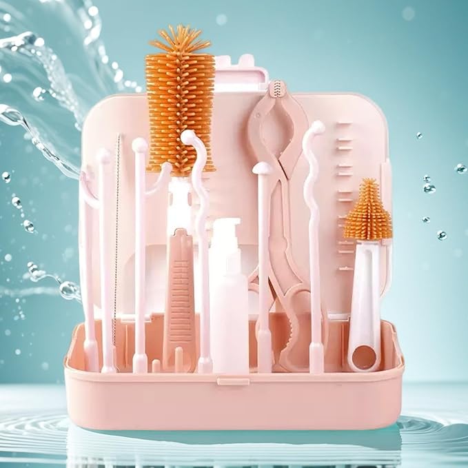 7-in-1 Baby Bottle Cleaner Set with Storage Case & Drying Rack, Nylon & Silicone Brushes for Cap, Straw & Nipple, BPA-Free, Keep Everything Clean & Organized （ Pink ）