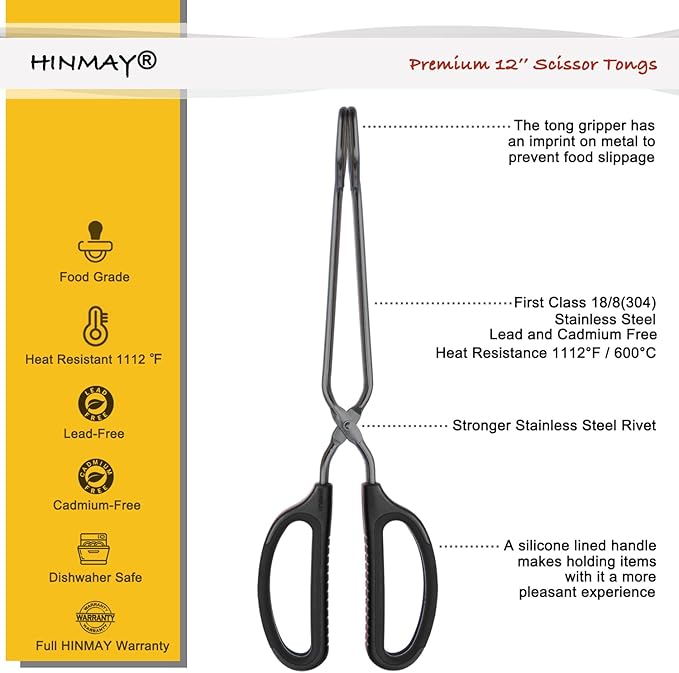 12" Stainless Steel Scissor Tongs with Comfort-Grip Handle (Black)