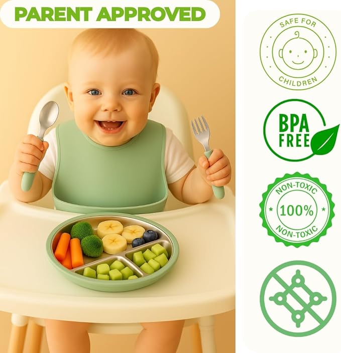 Stainless Steel Toddler Feeding Set 4 Pieces – Suction Plate, Silicone Bib, Spoon & Fork – Divided Plates for Baby Led Weaning, BPA-Free, Removable Shell (Sage Green)