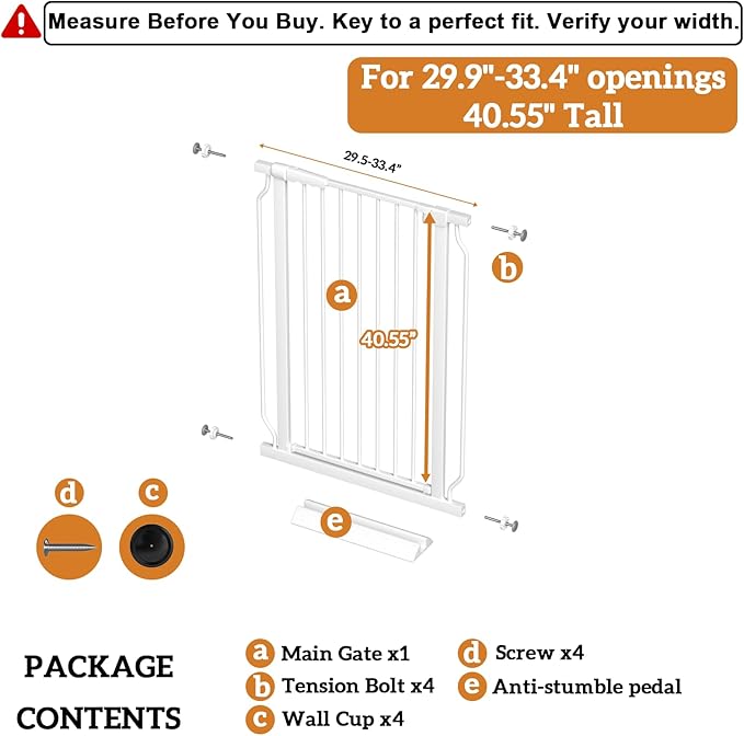 Extra Tall 40.55" Gate, 29.92-33.46" Extra Tall and Wide Dog Gate,Extra Wide Baby Gates Pressure Mounted Walk Through for Doorways,Stairs, Kitchen White