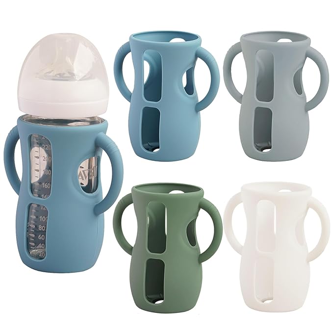 4 Pack Silicone Sleeves for Avent Natural Glass Baby Bottles, Anti Breakage Bottle Holder, Compatible with Philips Avent Glass Natural Baby Bottles (Blue+Gray+Green+White, 8 OZ)