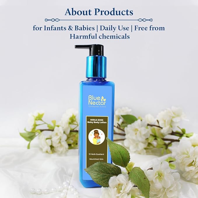 Blue Nectar Baby Lotion with Nourishing Organic Ghee, Body Butters and Ayurvedic Baby Oils Baby skincare | Infant Body lotion | Gentle moisturizer for Kids (12 Herbs, 3.38 Fl Oz)