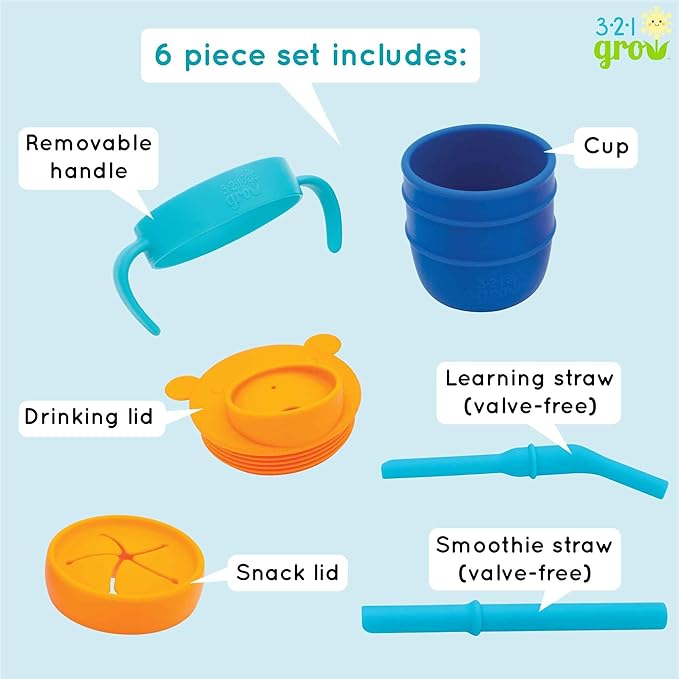 Easy Learn Drink and Snack Set – Baby + Toddler Silicone Learning Cup & Snack Set, Training Cup for Straw and Open Cup Independence – Dishwasher Safe (Midnight)