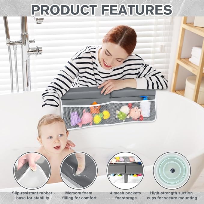 SKEFOLI Baby Bath Kneeler and Elbow Rest pad Set,1.5" Thick Baby Bath Kneeler Pads with Toys Organizer, Elbow Pads to Support The arm, Baby Bath Essentials, Ideal Bath Kneeling Pad for Bathing Baby