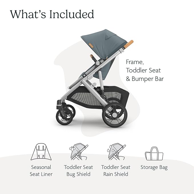 UPPAbaby Vista V3 Stroller - Full-Size Single-to-Double Stroller System - Toddler Seat, Bug Shield, Rain Shield, and Storage Bag Included - Callum (Stone Blue/Silver Frame/Sand Leather)