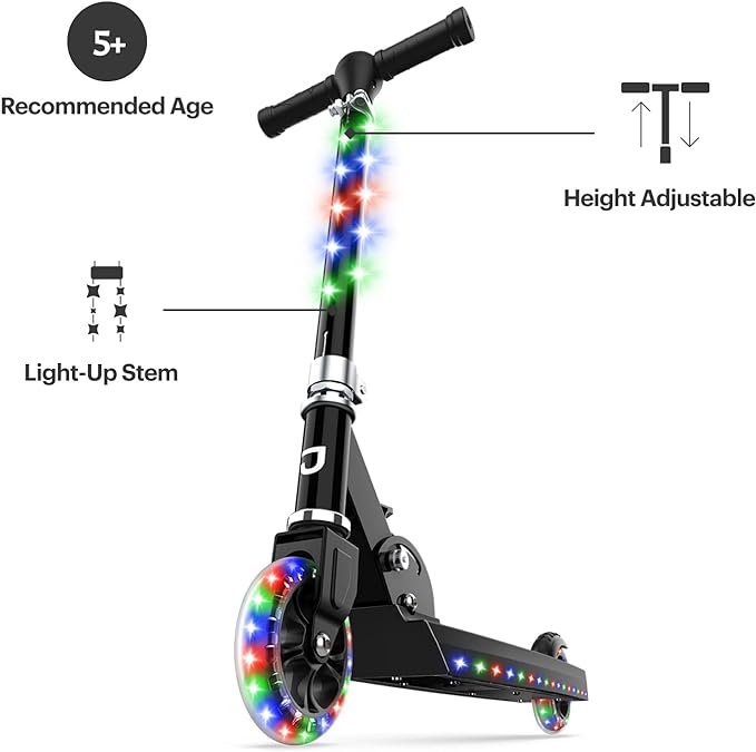 Jetson Jupiter Kids 2-Wheel Light-Up Kick Scooter, LED Lights on Handlebar, Stem, Wheels & Deck, Adjustable Handlebar, Rear Brake, Easy-Folding Mechanism, Ages 5+