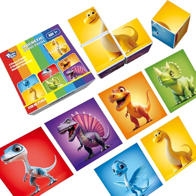 Magnetic Blocks for Toddlers, Dinosaur Toys Puzzle Cubes for Kids, Sensory Toys for Kids Ages 1-3 Year Old Boys & Girls, 6 Dinosaur Building Ideas