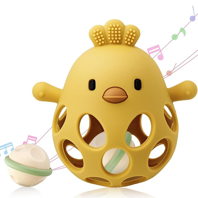 2-in-1 Baby Teething Rattle Toy, Sensory Grasping Teether for Infants 3-12 Months, 100% Food-Grade Silicone, Easy to Hold, Soothing & Developmental, BPA Free