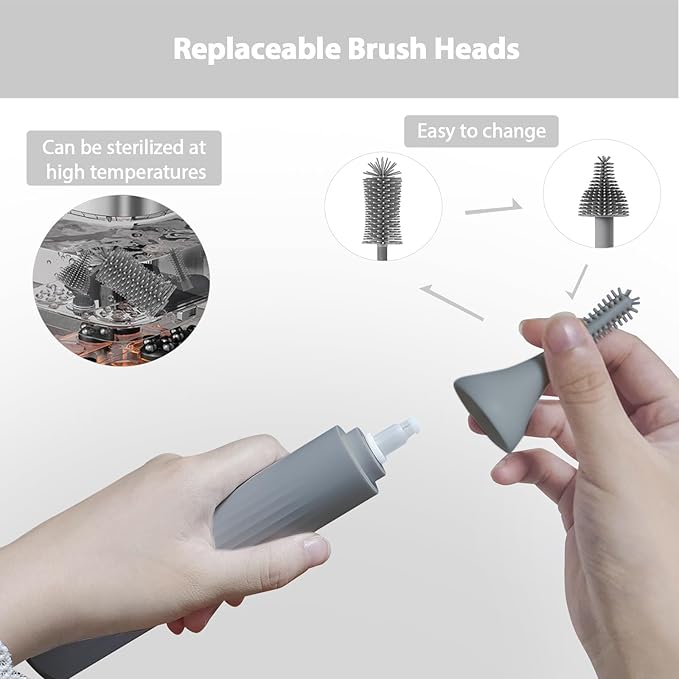 Electric Baby Bottle Brush Set with Rechargeable Electric Bottle Brush Cleaner and Replaceable Silicone Bottle Brushes and Straw Brush Cleaner, Waterproof Multi-Purpose Cleaning Brush（Grey）
