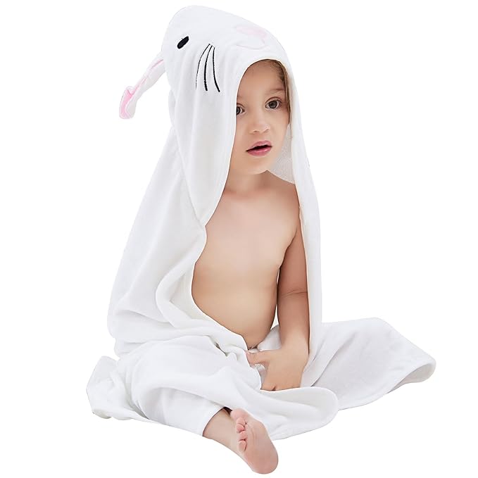 MICHLEY Animal Face Hooded Baby Towel Cotton Bathrobe for Boys Girls 0-6 Year White