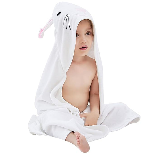 MICHLEY Animal Face Hooded Baby Towel Cotton Bathrobe for Boys Girls 0-6 Year White