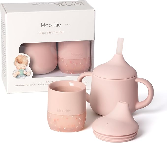 Moonkie Baby Training Cup & Sippy Cup Set | 4 Months+ | Baby-Led Weaning Essential | Gift for Infants (Blush Cup Set, 2 Pack)