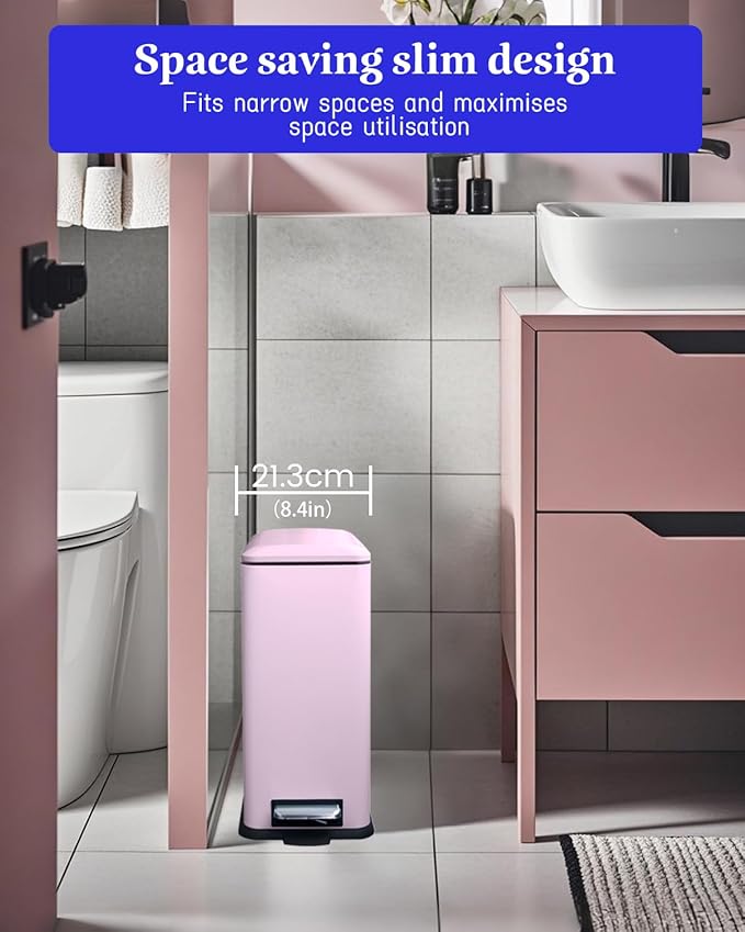 Bathroom Trash Can with Lid, 16.7L/ 4.4 Gallon Trash Can with Removable Inner Bucket, Soft Close lid, Stainless Steel Step Pedal Garbage Can for Bedroom, Kitchen, Home Office, Pink