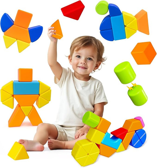 Magnetic Stacking Blocks for Kids, 1.65 Inch Large Magnetic Cubes & 8 Shapes, 20 PCS Magnet Toys, Montessori & Sensory Building Toys for Boys & Girls Ages 3+