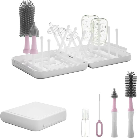 Portable Baby Bottle Brush Set with Multiple Brushes,Soap Dispenser, Foldable Bottle Drying Rack for 16 Bottles, Bottle Cleaner Brush Set for Bottles and Baby Accessories, Baby Travel Essential