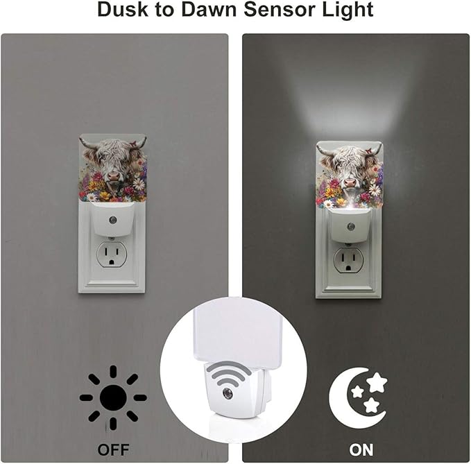 Led Night Light, Highland Cow Decorative Plug in Nightlights,with Smart Auto Dusk to Dawn Night Light for Bedroom, Kitchen, Nursery, Bathroom