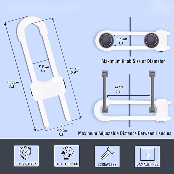 Sliding Cabinet Locks for Babies, Baby Proofing Adjustable U-Shaped Baby Safety Latches for Handles Knobs Drawers, Fridge, Closet, Cupboard, Closet with Secure Lock Buttons,10Pack (White)