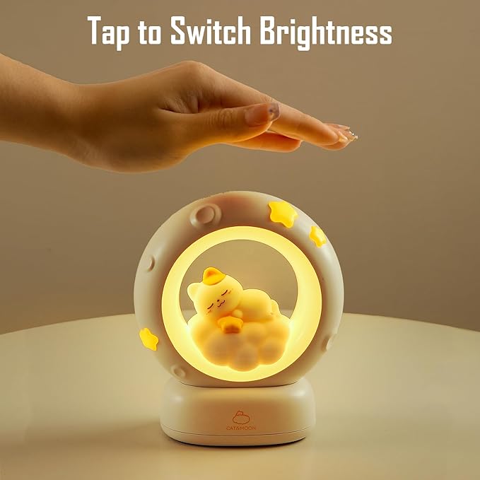 Moon and Cat Rechargeable Night Light, Safe PVC and ABS Material, 3 Brightness Levels, Tap Control, Warm Light, Toddler Sleeping Lamp, Bedroom Night Lamp, Gift for Baby and Kid (Moon and Cat)