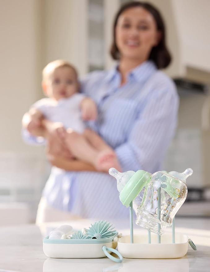 Momcozy Bottle Brush Set - Baby Bottle Cleaner Kit with Silicone Brush, Nipple Brush, Straw Brush, Soap Dispenser, Drying Rack - 7 in 1 Bottle Cleaning Tool for Home and Travel, Green
