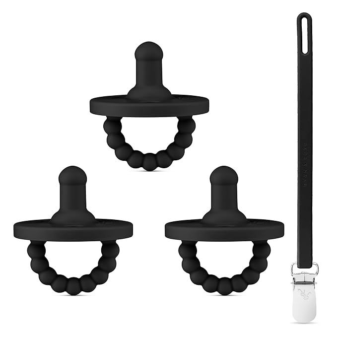 Ryan & Rose Cutie PAT Pacifier Teether 3 Pack and Flex Clip (Stage 1, Black)