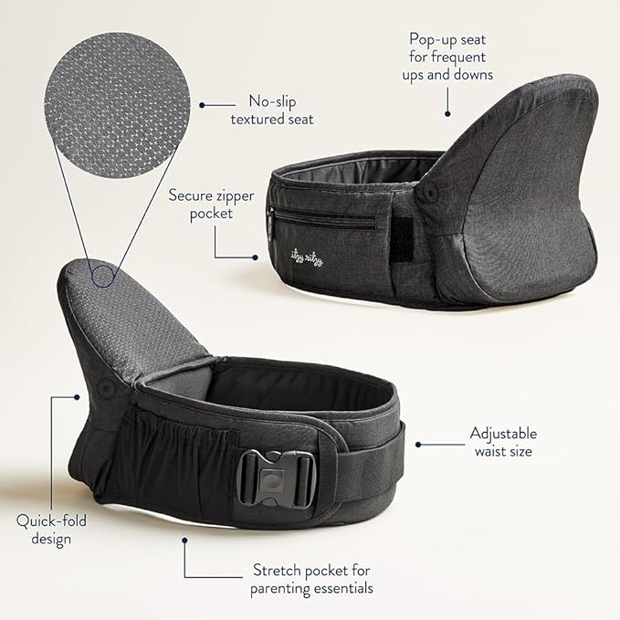 Itzy Ritzy Hip Seat Baby Carrier - 3 Ways to Hold & Support Babies and Toddlers Between 12-44 Pounds; Fits Up to 62" Waist (Black)