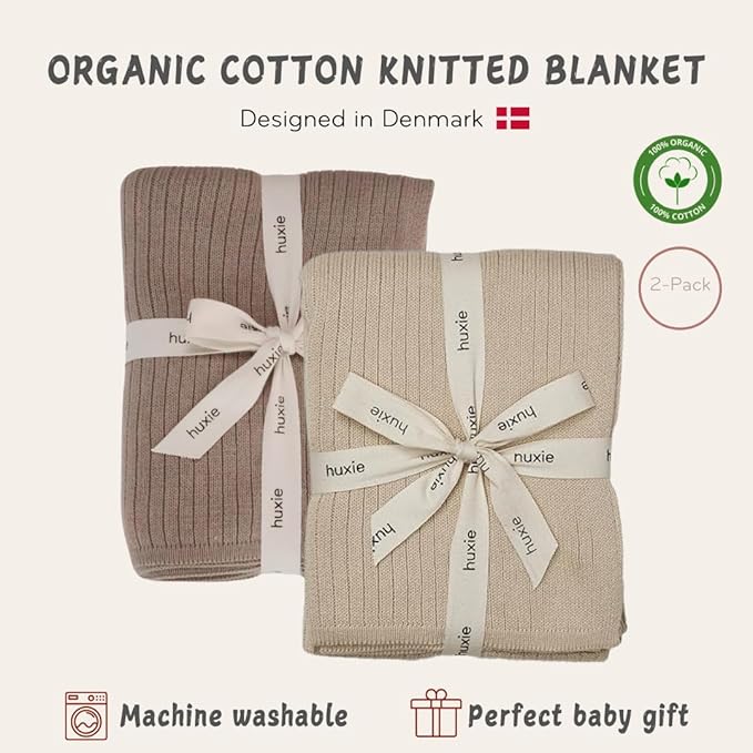 Knitted Organic Cotton Baby Blanket- Swaddle Blanket, 30" x 40" Soft Receiving Blanket for Newborn 2-Pack (Fog/Mochachino)