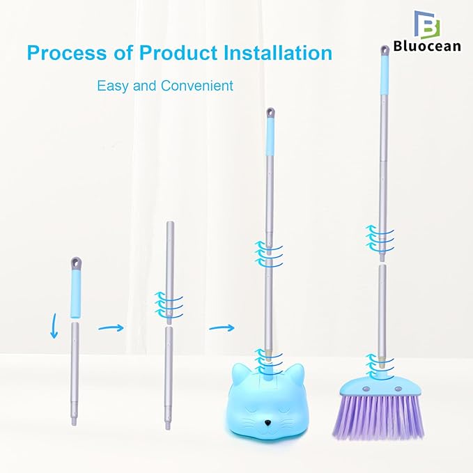 28′′ Mini Broom and Dustpan Set for Kids-Ideal Kids' Toys as Gifts, Parent-Child Interactive Cleaning Tool, Cute Cartoon Design, Household Helper for Toddlers, Small Safe Corner Broom (Blue Bubble)