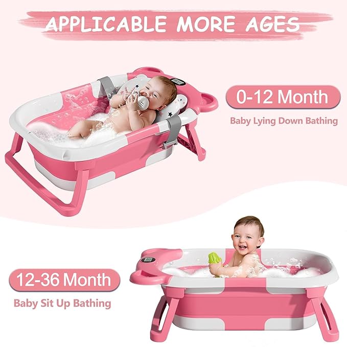 TPN Collapsible Baby Bathtub, Baby Bath Tub with Soft Cushion & Real-Time Thermometer, Baby Bathtub Infant to Toddler Tub (0-36 Months), Portable Travel Baby Tubs for Newborns (Pink)