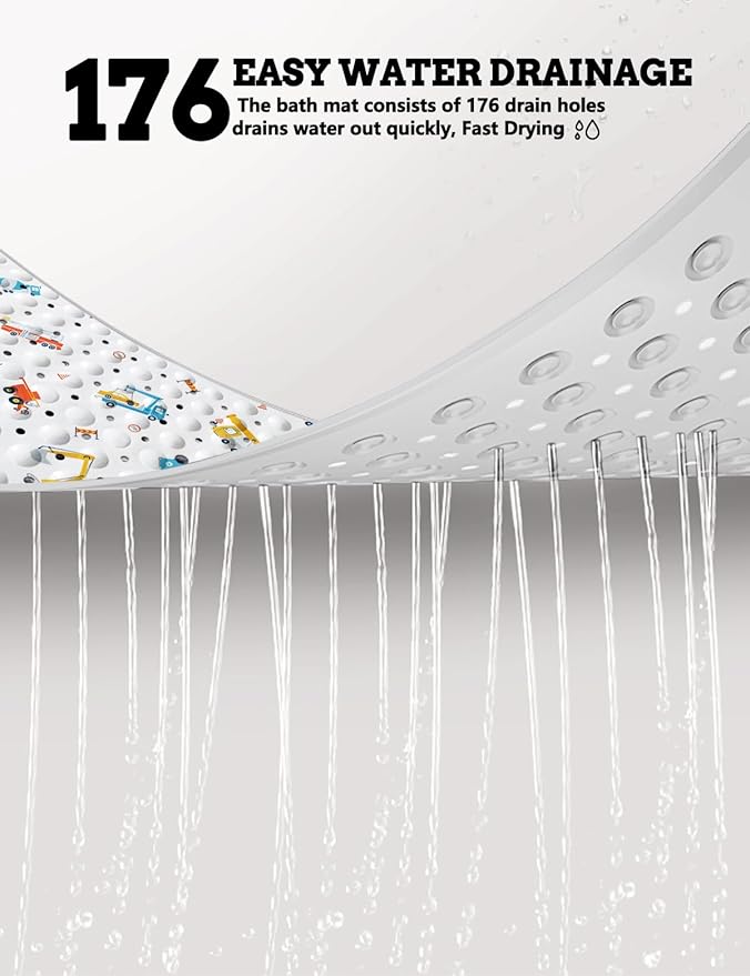 LNOND Baby Bath Mat Non Slip, Kids Bath Mat for Bathroom, Building Machine Shower Mat with Drain Holes and Suction Cups,40 X 16 Inch