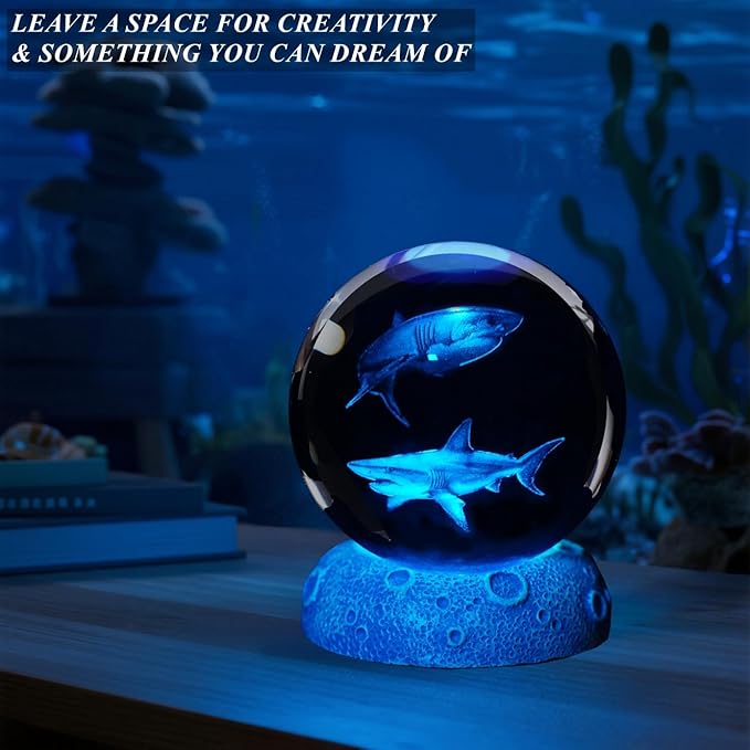 Shark Night Light, 3D Crystal Ball Shark Lamp, Underwater Gifts with 16 Color Remote Upgraded 3.15 Inch Ball for Room Decor Boys Girls Birthday Xmas Cool Figurines Gifts