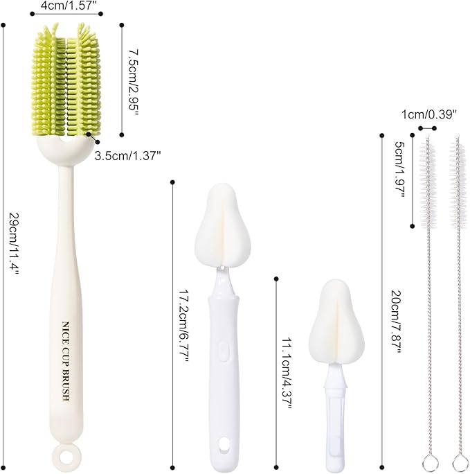5-in-1 Baby Bottle Brush Kit, Silicone Bottle Brush for Baby Bottle and Breast Pumps, Sponge Nipple Brush with Replaceable Brush Head, Straw Brushes, Green