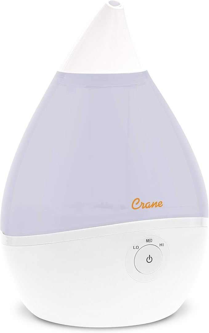 Crane Teardrop Ultrasonic Cool Mist Humidifier for Baby Nursery, 0.5 Gallon, Adjustable Settings, Essential Oil Diffuser White