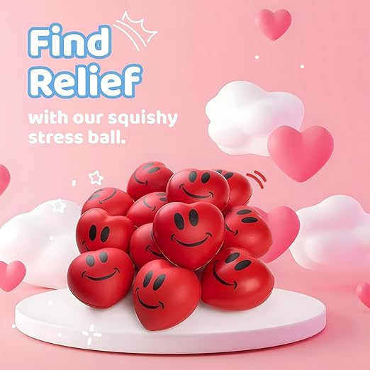 Neliblu Heart Stress Balls - Valentines Day Red Hearts 3" Smile Face Squeeze Hearts Shape Stress Ball - Fun Party Favors for Kids and Adults, 2 Dozen - Heart Shape Mini Foam Balls