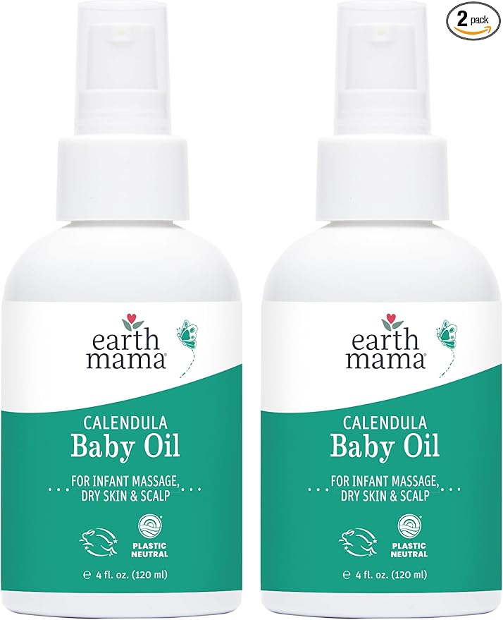 Earth Mama Calendula Baby Oil | Massage Oil for Newborn Skin Care, Dry Skin & Scalp Moisturizer, Fragrance Free, 4-Fluid Ounce (2-Pack)