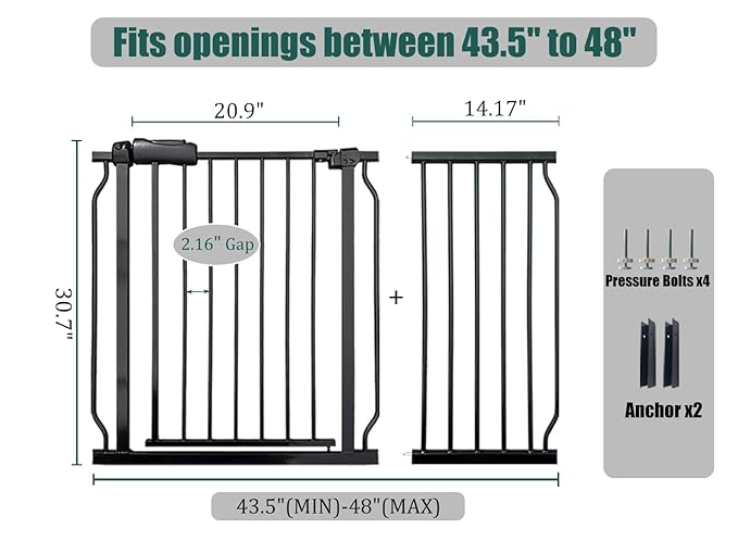 43.5-48 Inch Extra Wide Baby & Dog Gate, Pressure Mounted No Drill, Indoor Safety Gate for Pets & Toddlers, Black Metal with Extension Kit