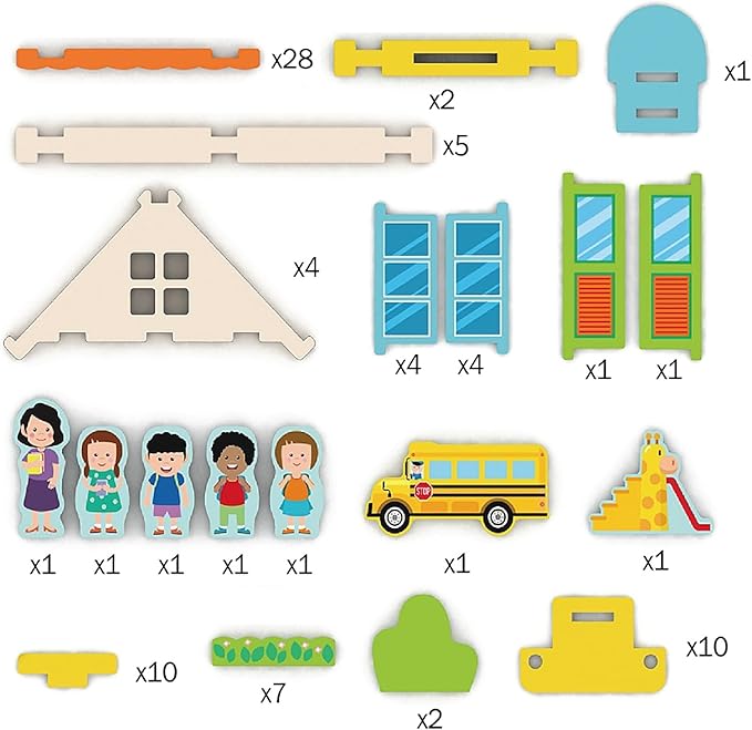 182PCS Wooden Building Blocks Set for Toddlers, Construction City Stacking Toys, Preschool Learning Educational Toys for Kids 3+ Years Girls and Boys (School)