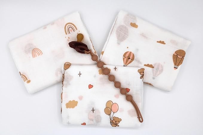 100% Muslin Cotton Baby Receiving Cloths, 3-Pack, 27x27 in (70x70cm), Soft & Gentle for Newborns, Sensitive Skin Safe, For Feeding, Burping & Comfort, 0+ Months (Teddy Bear/Rainbow/Hot Air Balloon)