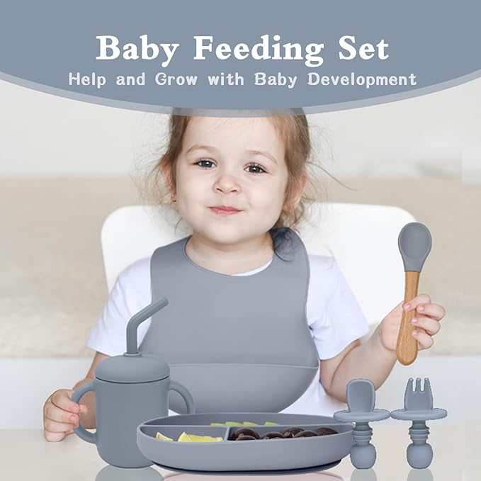 Silicone Baby Feeding Set - 10PCS Suction Baby Bowl and Divided Toddler Plates Adjustable Bib Cup Spoons Forks -Baby Led Weaning Supplies, Baby Utensils Eating Essential Set for 6+ Months